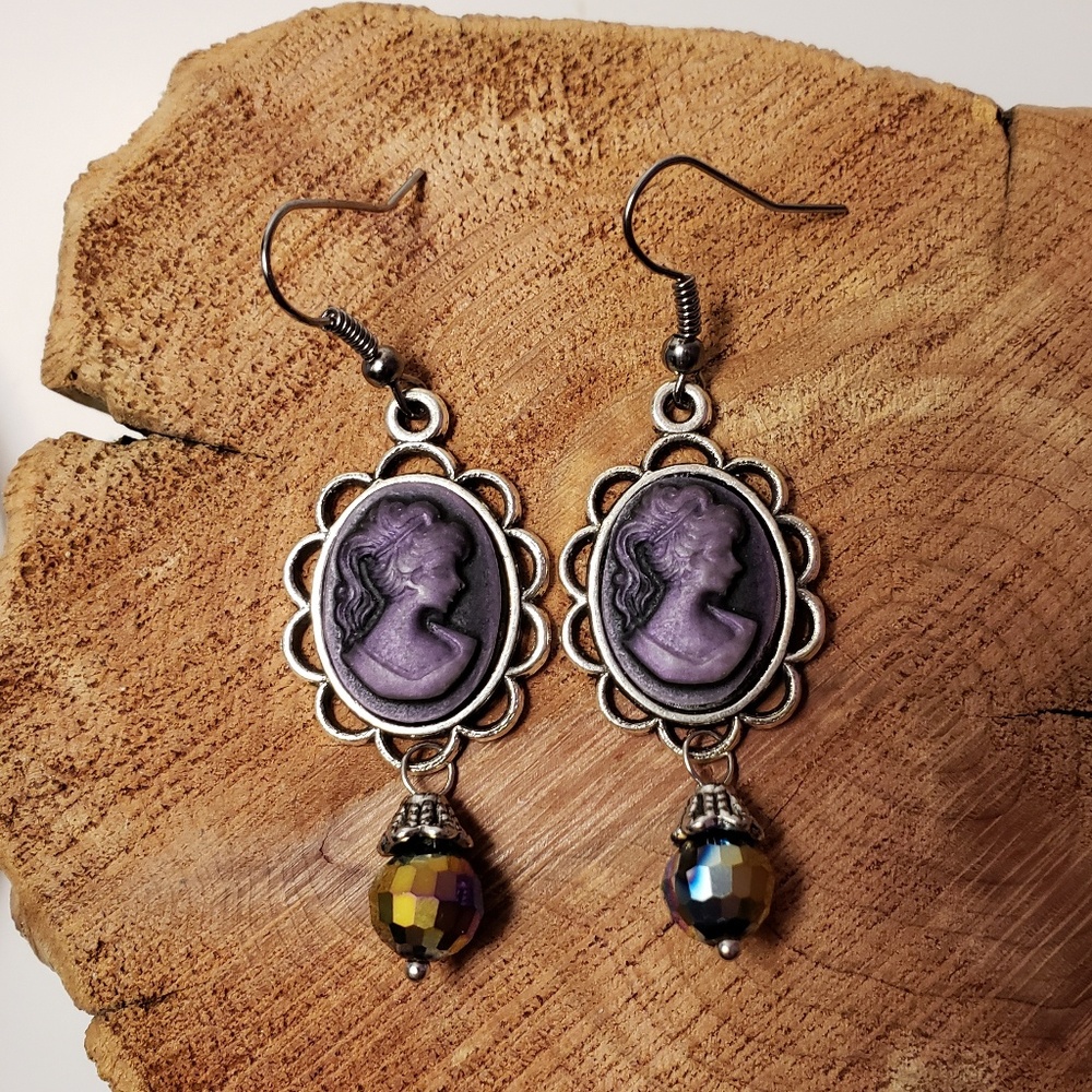 Purple Cameo Earrings with Rainbow Dangle Beads